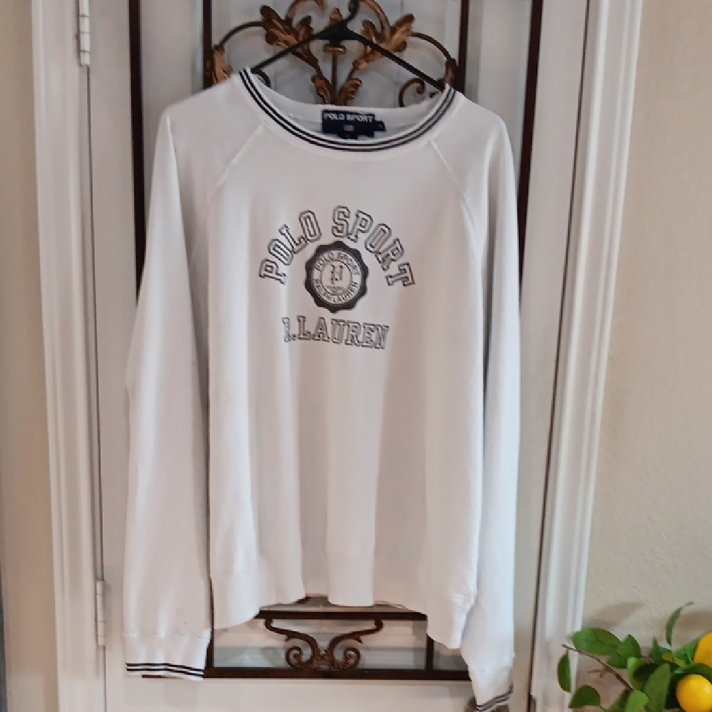 POLO SPORT by Ralph Lauren White Crewneck Varsity Sweatshirt Vtg THRASHED